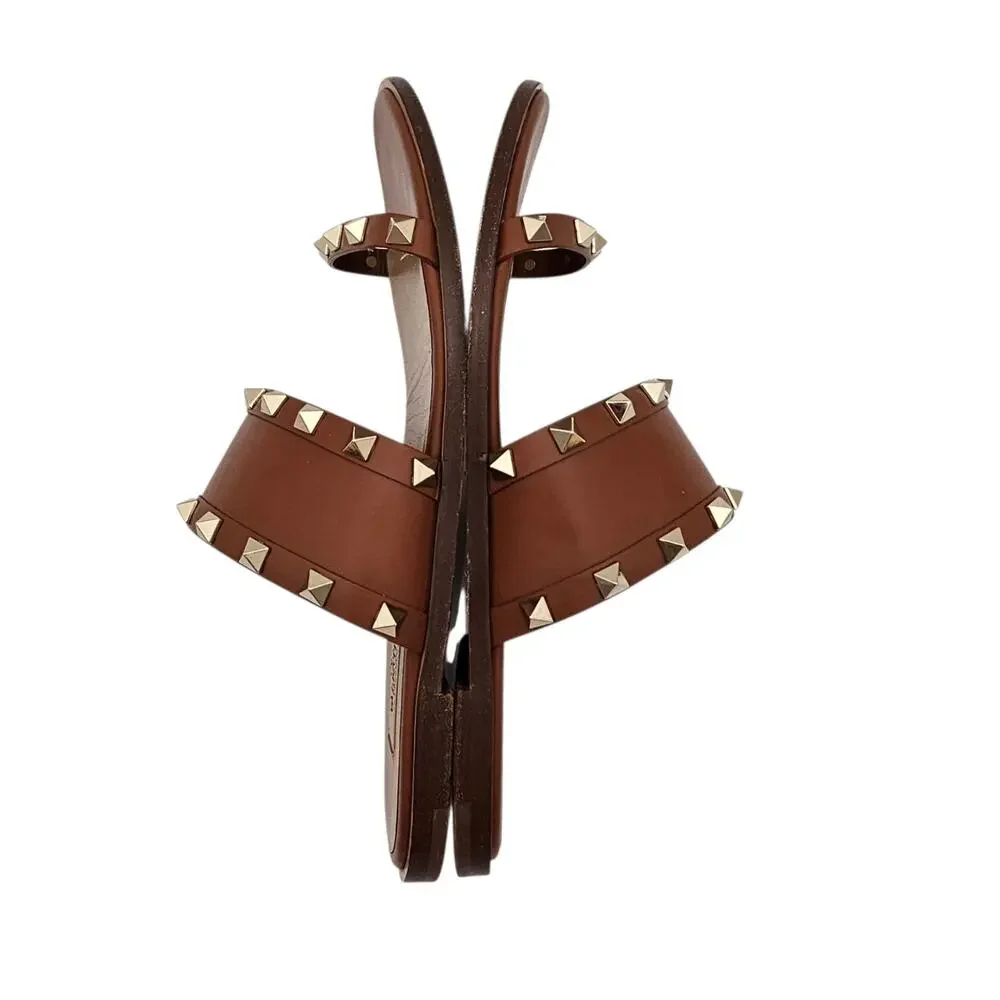 Valentino Garavani Rockstud Brown Leather Flat Sandal Strap Slide Gold Size 38 8